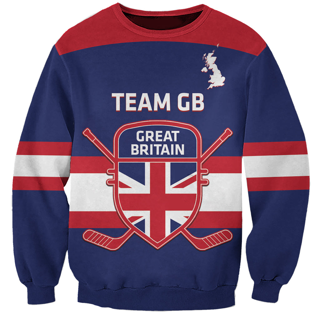 Unisex blue hockey sweatshirt with red-and-gray stripes, Team GB crest and crossed sticks