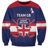 Unisex blue hockey sweatshirt with red-and-gray stripes, Team GB crest and crossed sticks