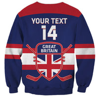 Unisex blue hockey sweatshirt with stripes, Great Britain crest, "YOUR TEXT" and 14
