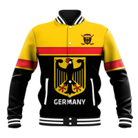 Yellow and black Germany varsity baseball jacket with striped ribbed collar and snap buttons