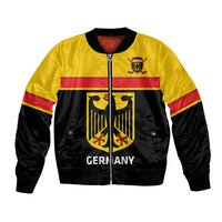 Yellow and black unisex bomber jacket with front zipper, red stripe sleeves, Germany crest