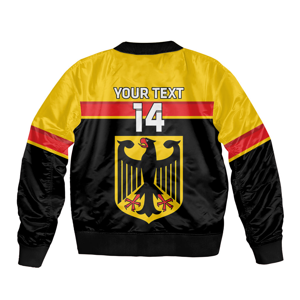 Yellow and black bomber jacket back print with eagle crest, red stripe, number 14