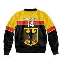 Yellow and black bomber jacket back print with eagle crest, red stripe, number 14