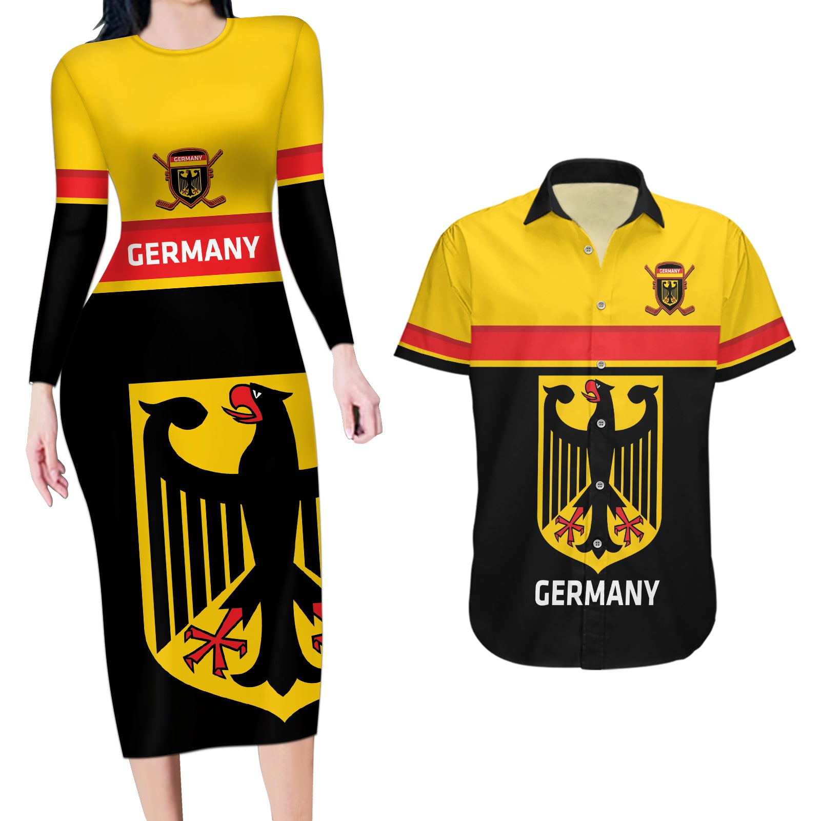 Custom Germany Hockey Couples Matching Long Sleeve Bodycon Dress and Hawaiian Shirt Go German Bearers of the Eagle - Wonder Print Shop