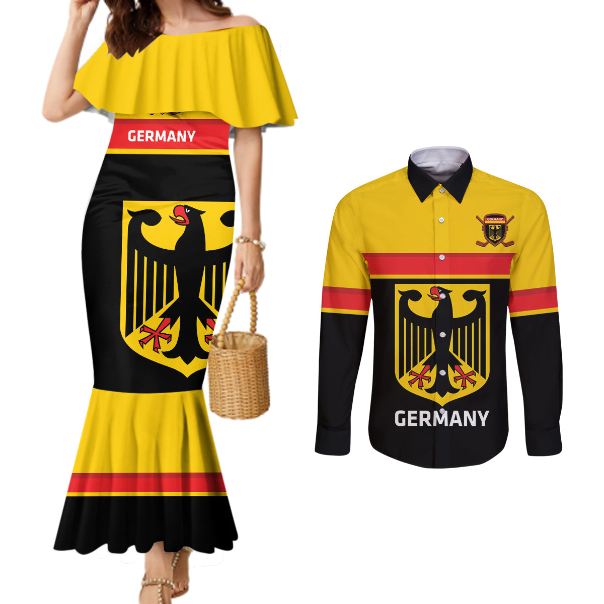 Custom Germany Hockey Couples Matching Mermaid Dress and Long Sleeve Button Shirt Go German Bearers of the Eagle