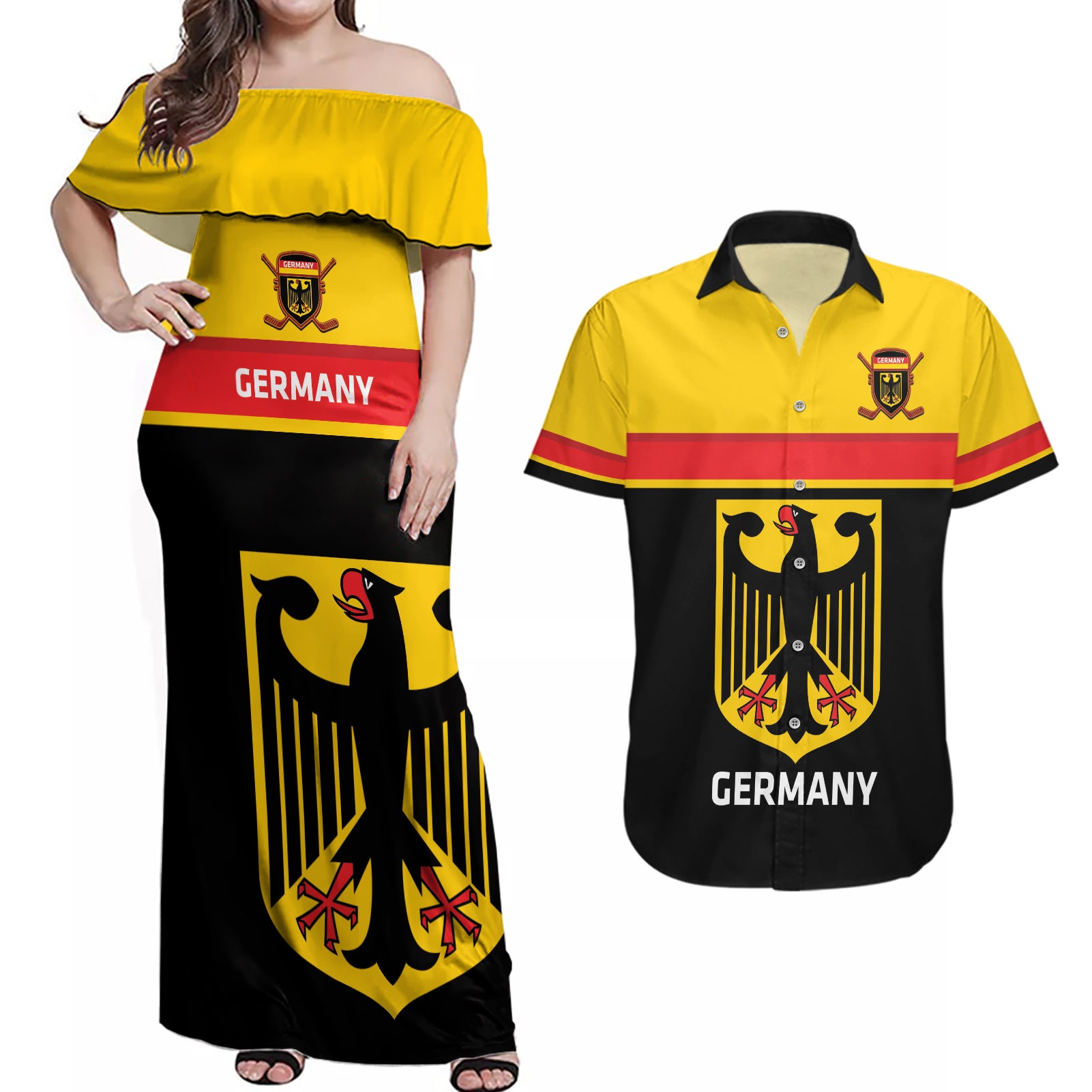 Custom Germany Hockey Couples Matching Off Shoulder Maxi Dress and Hawaiian Shirt Go German Bearers of the Eagle - Wonder Print Shop