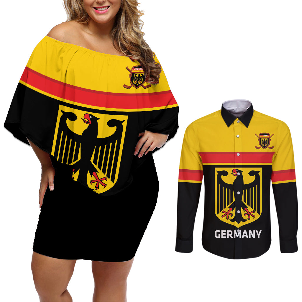 Custom Germany Hockey Couples Matching Off Shoulder Short Dress and Long Sleeve Button Shirt Go German Bearers of the Eagle - Wonder Print Shop