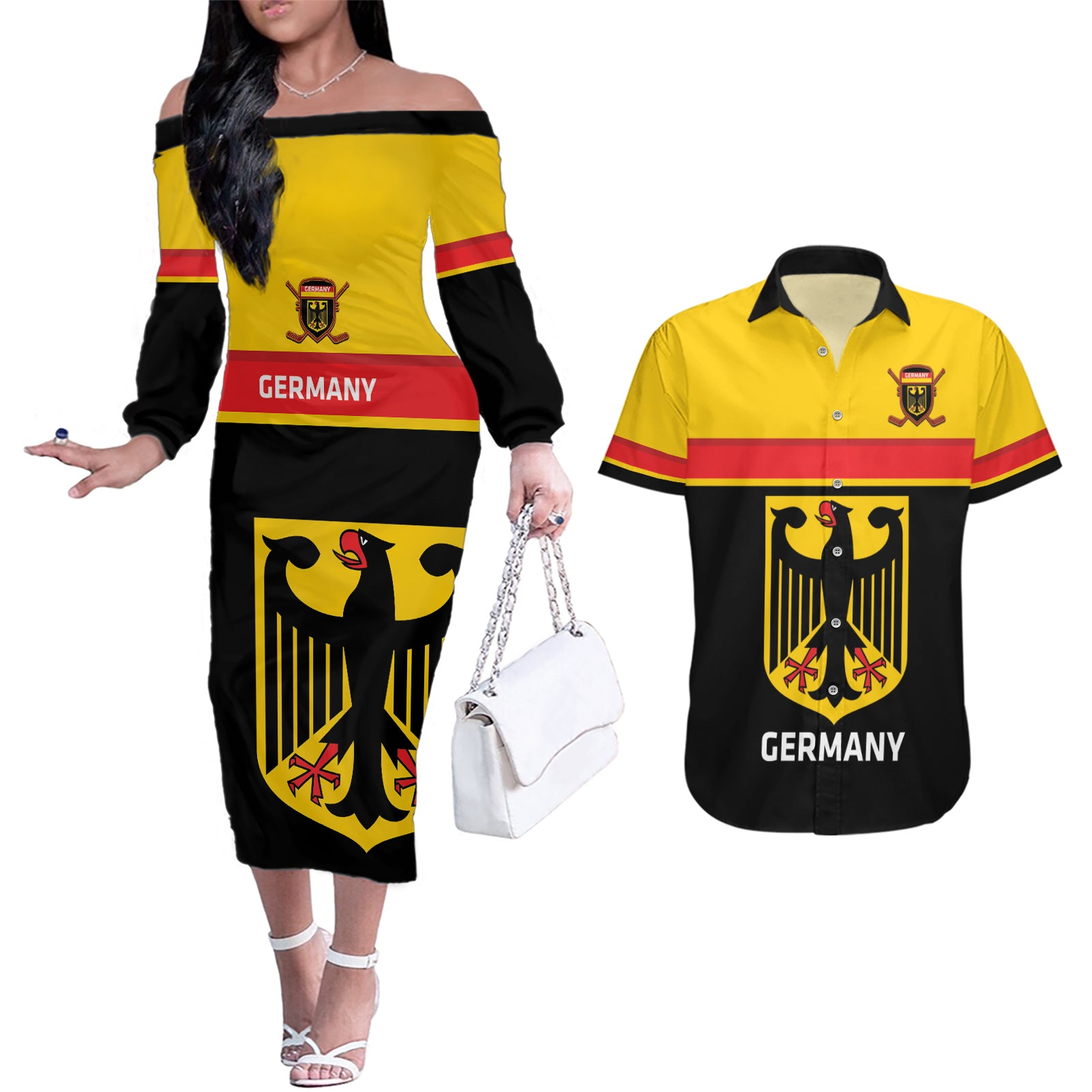 Custom Germany Hockey Couples Matching Off The Shoulder Long Sleeve Dress and Hawaiian Shirt Go German Bearers of the Eagle - Wonder Print Shop