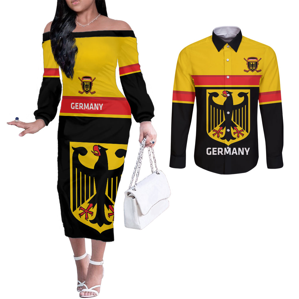 Custom Germany Hockey Couples Matching Off The Shoulder Long Sleeve Dress and Long Sleeve Button Shirt Go German Bearers of the Eagle