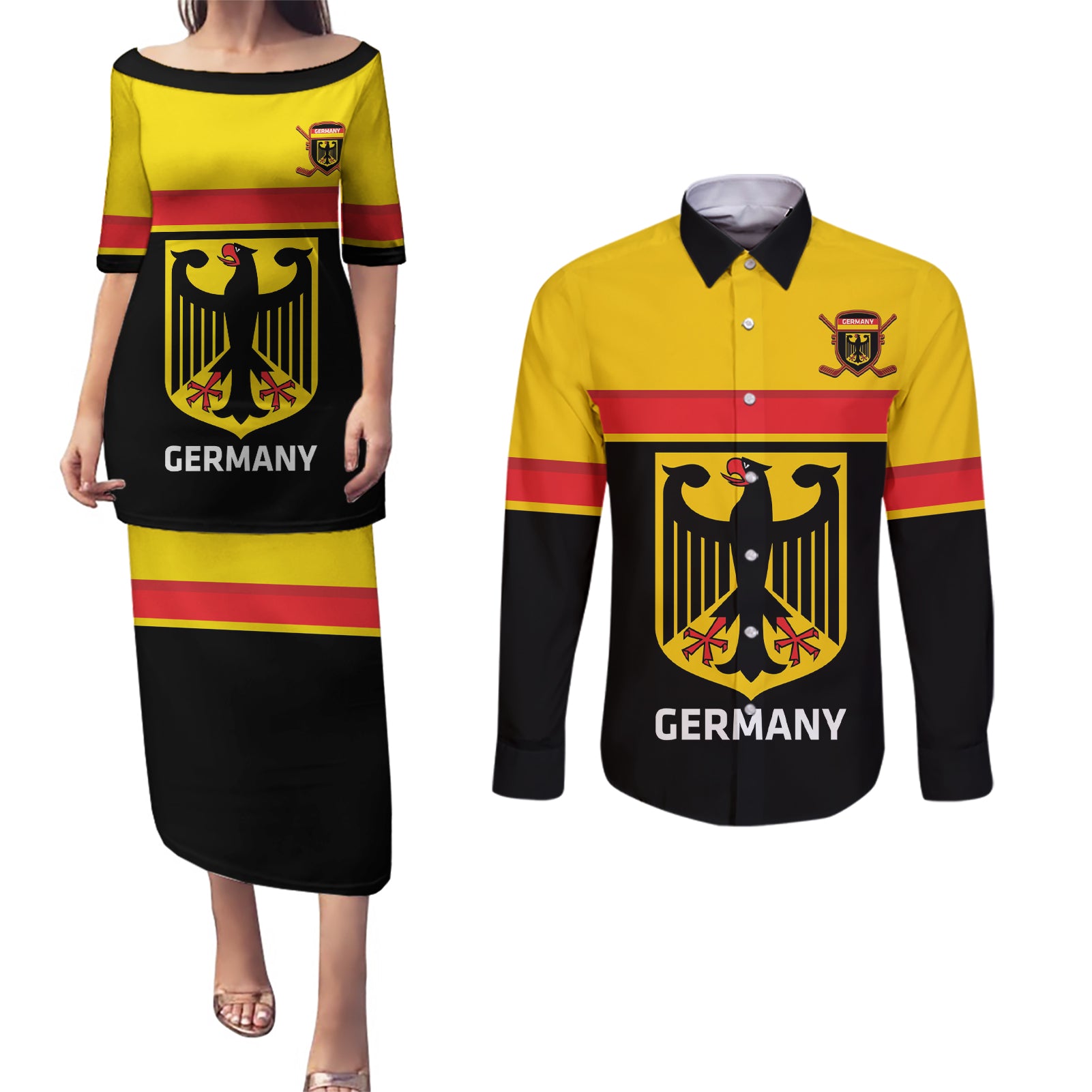 Custom Germany Hockey Couples Matching Puletasi and Long Sleeve Button Shirt Go German Bearers of the Eagle - Wonder Print Shop