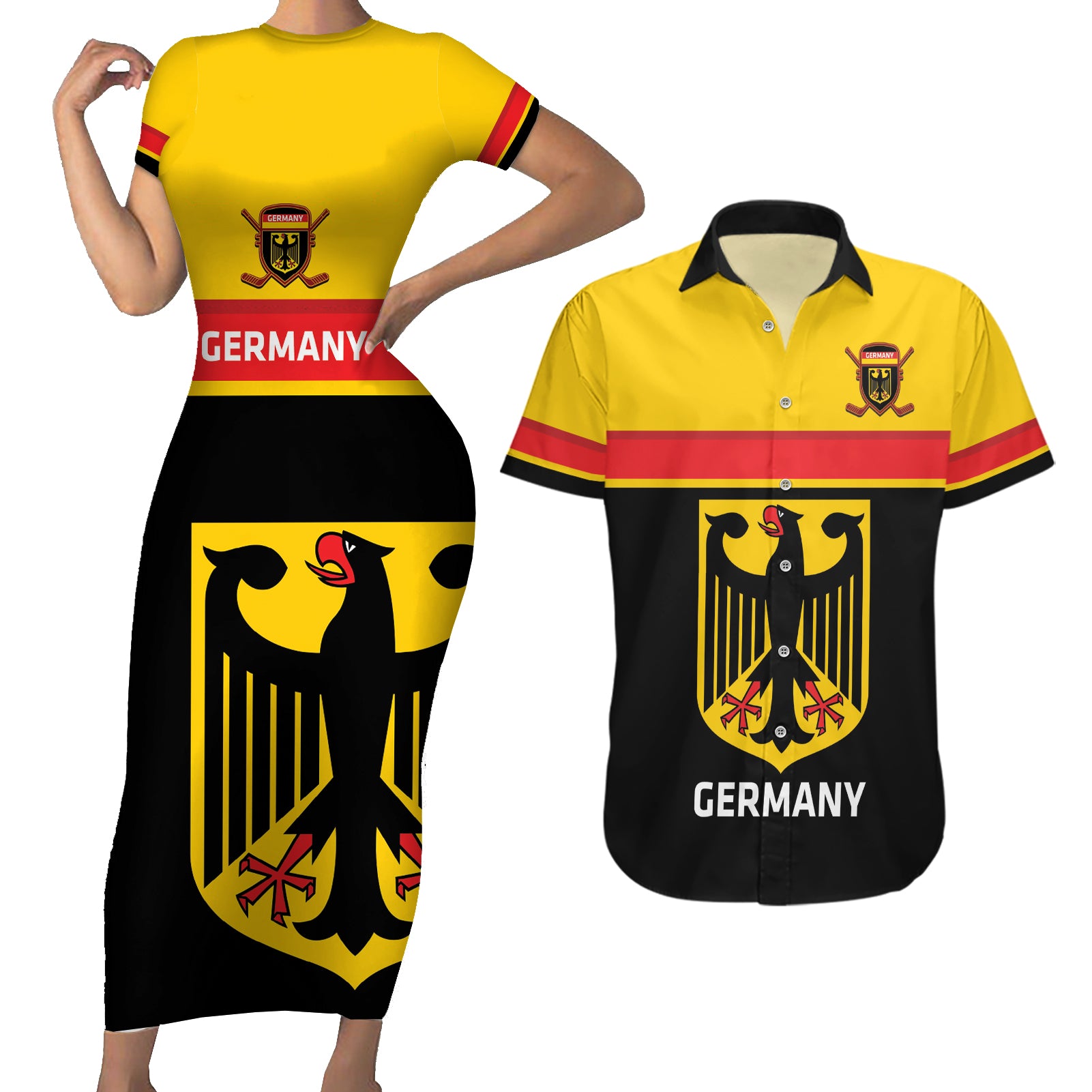 Custom Germany Hockey Couples Matching Short Sleeve Bodycon Dress and Hawaiian Shirt Go German Bearers of the Eagle - Wonder Print Shop