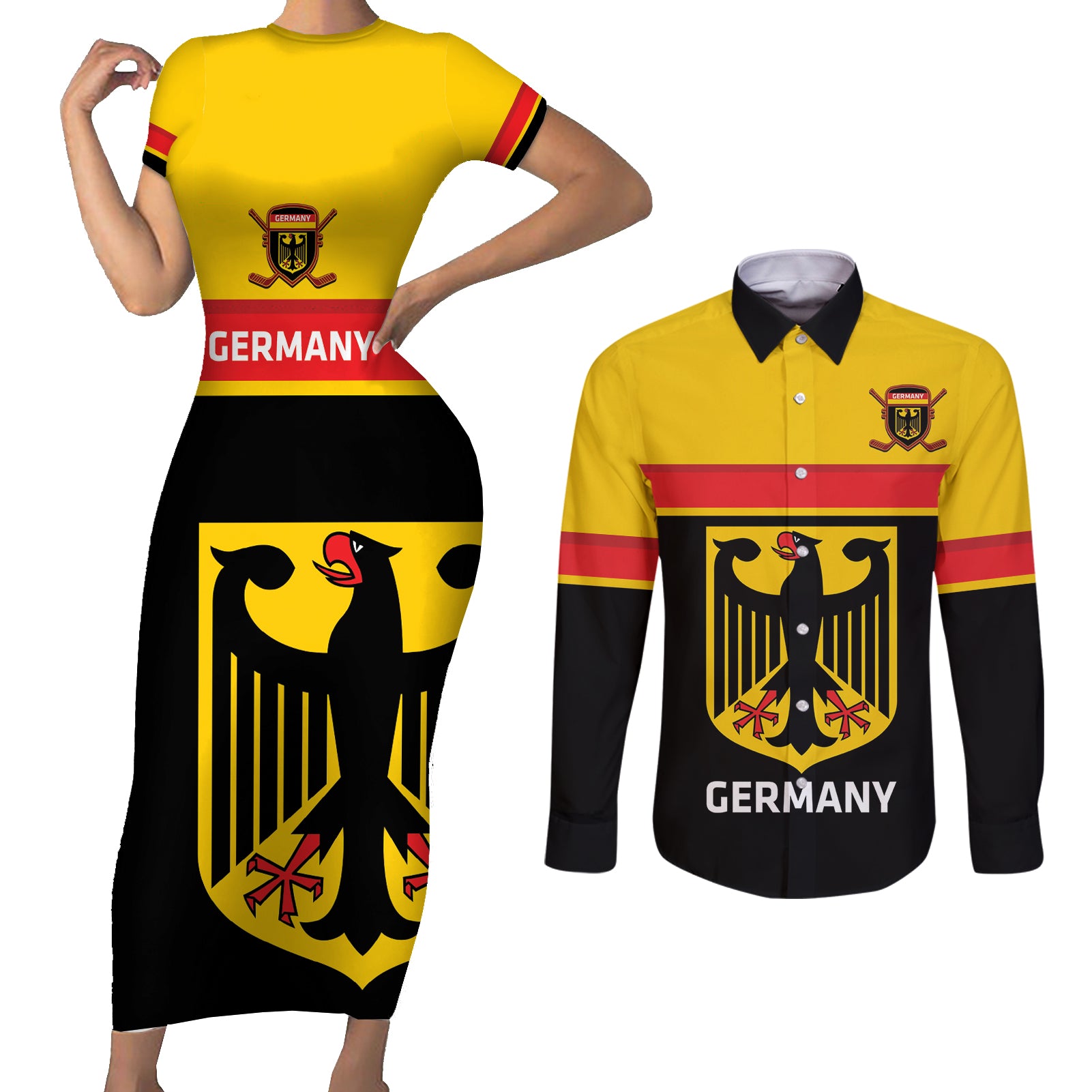 Custom Germany Hockey Couples Matching Short Sleeve Bodycon Dress and Long Sleeve Button Shirt Go German Bearers of the Eagle - Wonder Print Shop