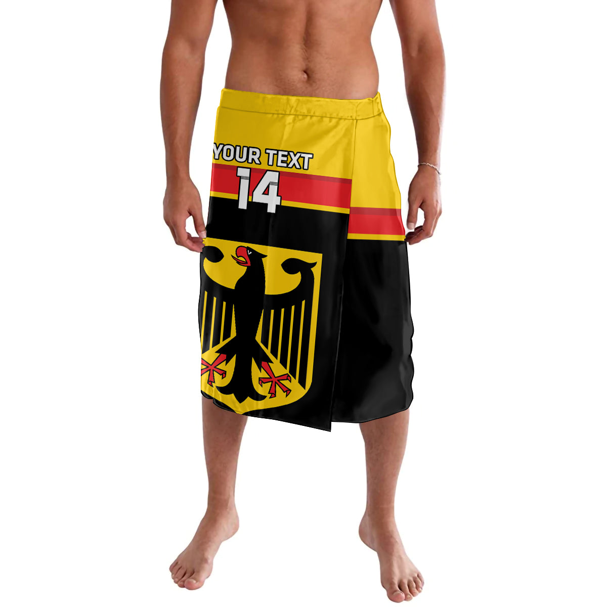 Yellow and black Germany hockey shorts with red stripe and eagle crest