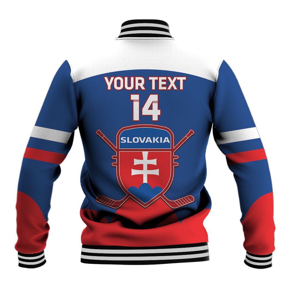 Blue hooded baseball jacket back with custom text, number 14, crest, stripe sleeves