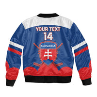 Blue bomber jacket with back YOUR TEXT and 14, Slovak crest, white/red stripe sleeves