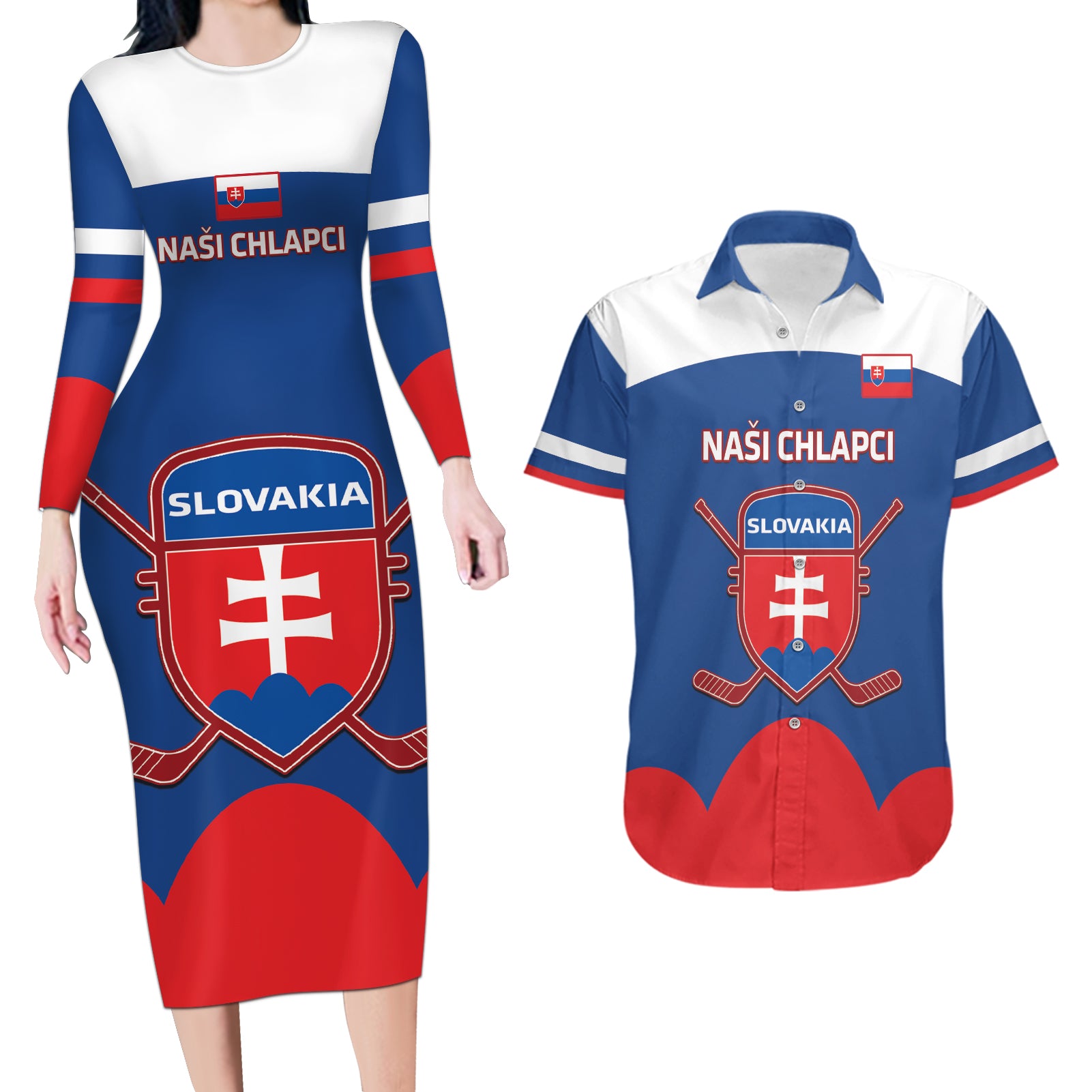 Custom Slovakia Hockey Couples Matching Long Sleeve Bodycon Dress and Hawaiian Shirt Go Slovak Our Boys - Wonder Print Shop