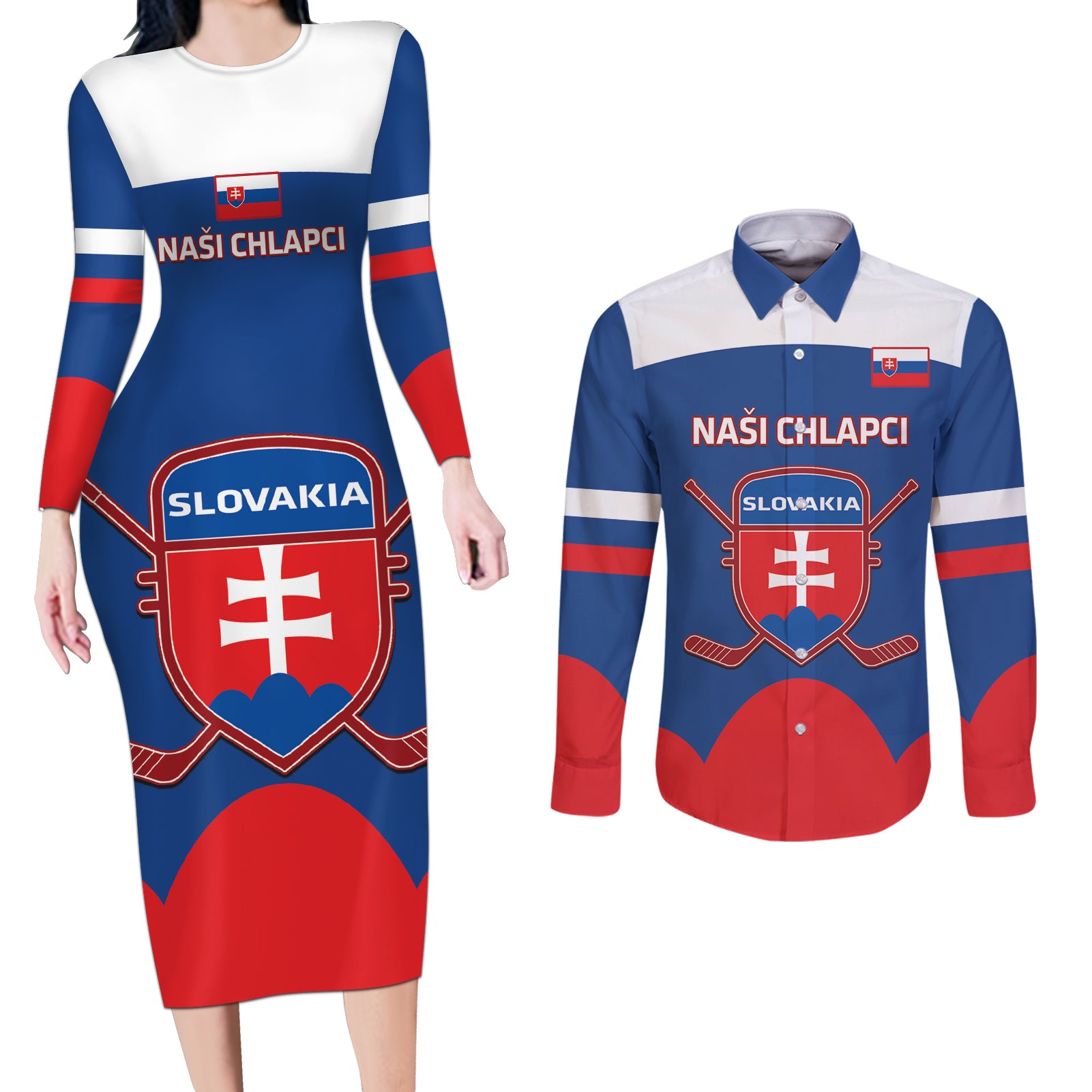 Custom Slovakia Hockey Couples Matching Long Sleeve Bodycon Dress and Long Sleeve Button Shirt Go Slovak Our Boys - Wonder Print Shop