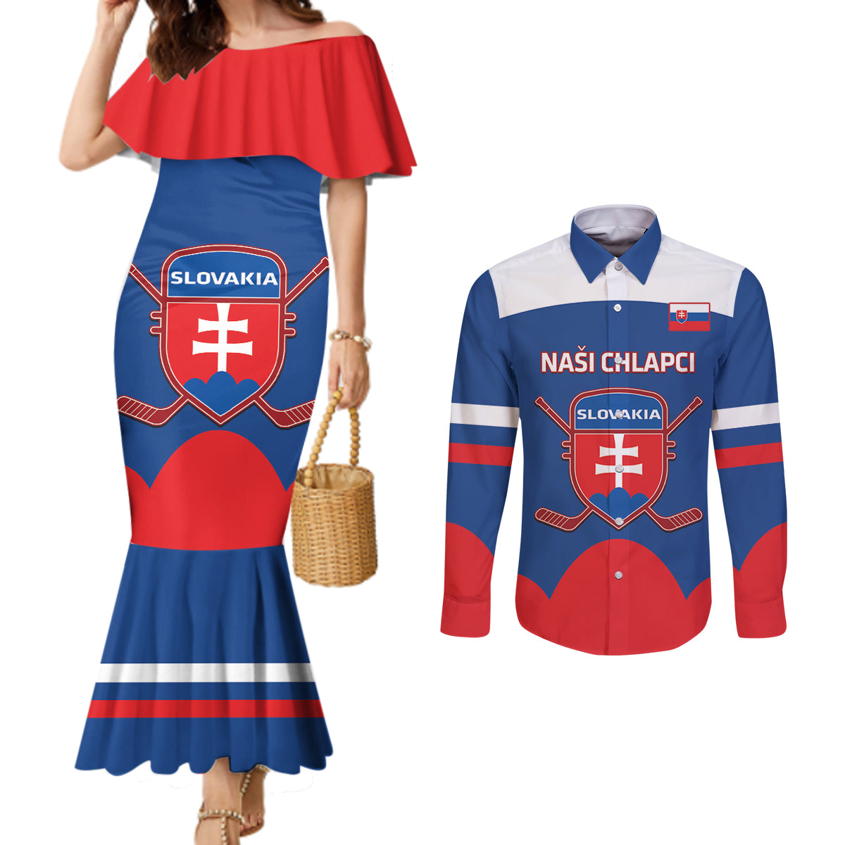 Custom Slovakia Hockey Couples Matching Mermaid Dress and Long Sleeve Button Shirt Go Slovak Our Boys