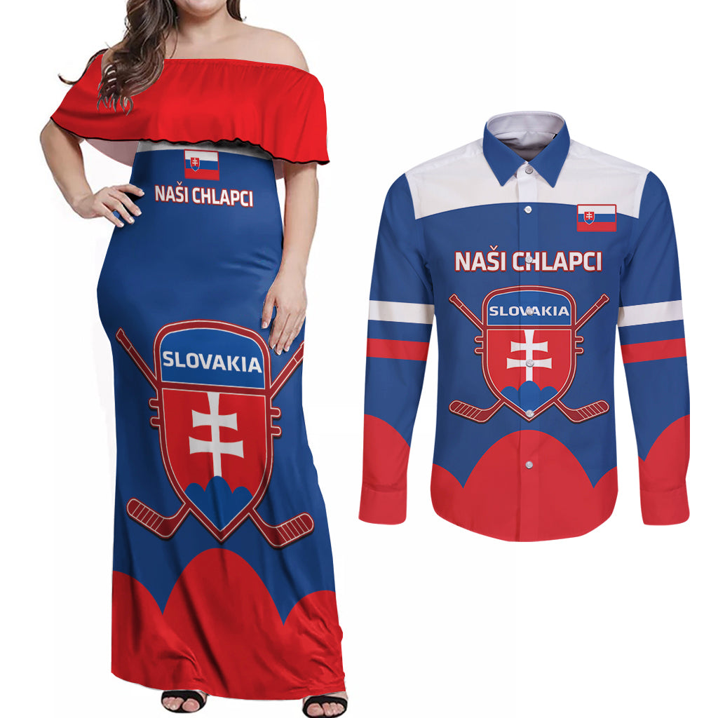 Custom Slovakia Hockey Couples Matching Off Shoulder Maxi Dress and Long Sleeve Button Shirt Go Slovak Our Boys - Wonder Print Shop