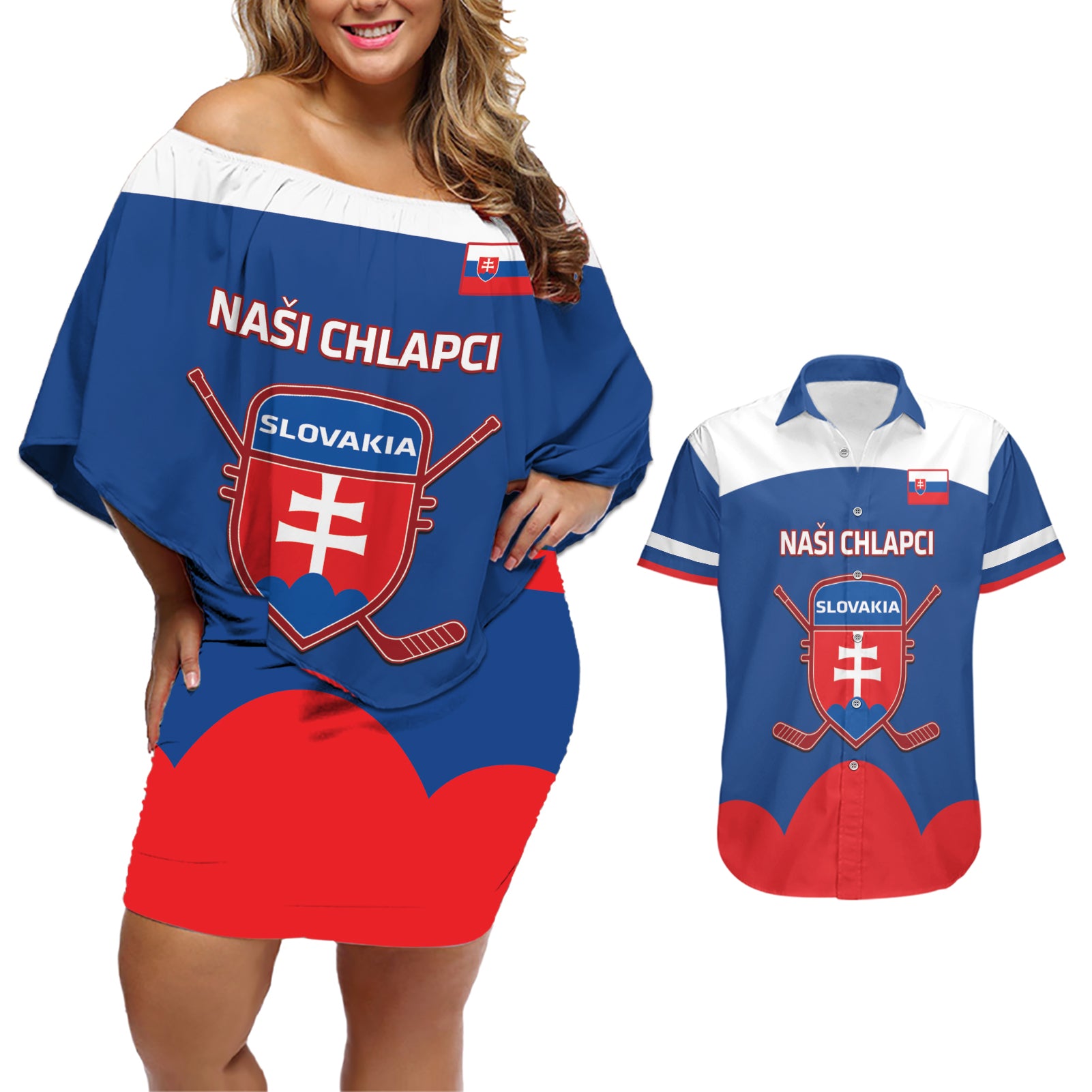 Custom Slovakia Hockey Couples Matching Off Shoulder Short Dress and Hawaiian Shirt Go Slovak Our Boys - Wonder Print Shop