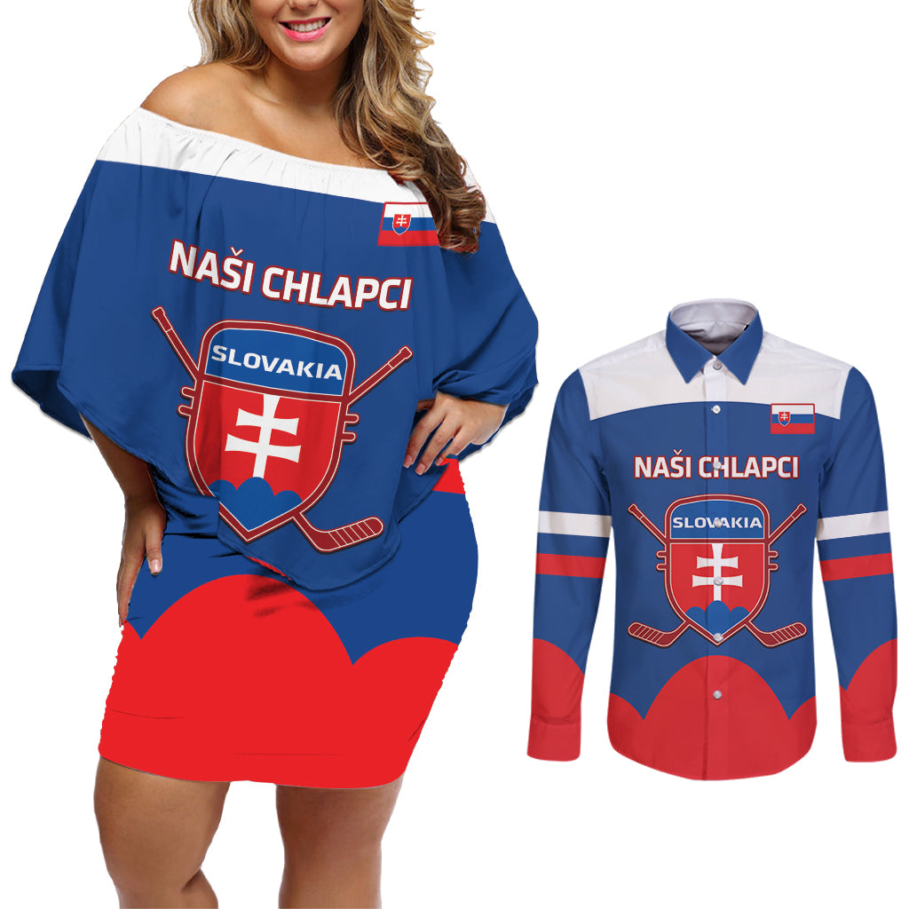 Custom Slovakia Hockey Couples Matching Off Shoulder Short Dress and Long Sleeve Button Shirt Go Slovak Our Boys - Wonder Print Shop