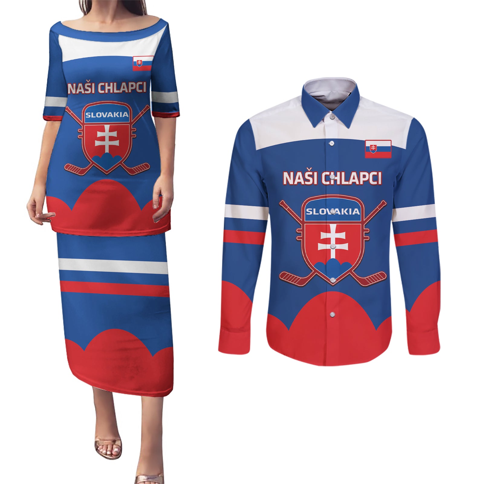 Custom Slovakia Hockey Couples Matching Puletasi and Long Sleeve Button Shirt Go Slovak Our Boys - Wonder Print Shop