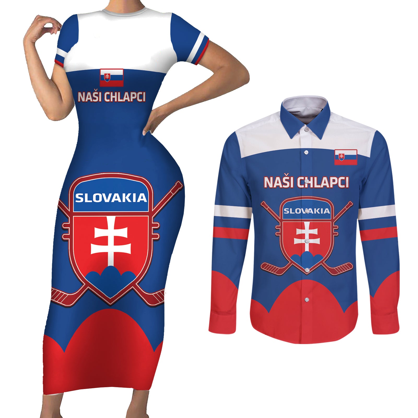 Custom Slovakia Hockey Couples Matching Short Sleeve Bodycon Dress and Long Sleeve Button Shirt Go Slovak Our Boys - Wonder Print Shop