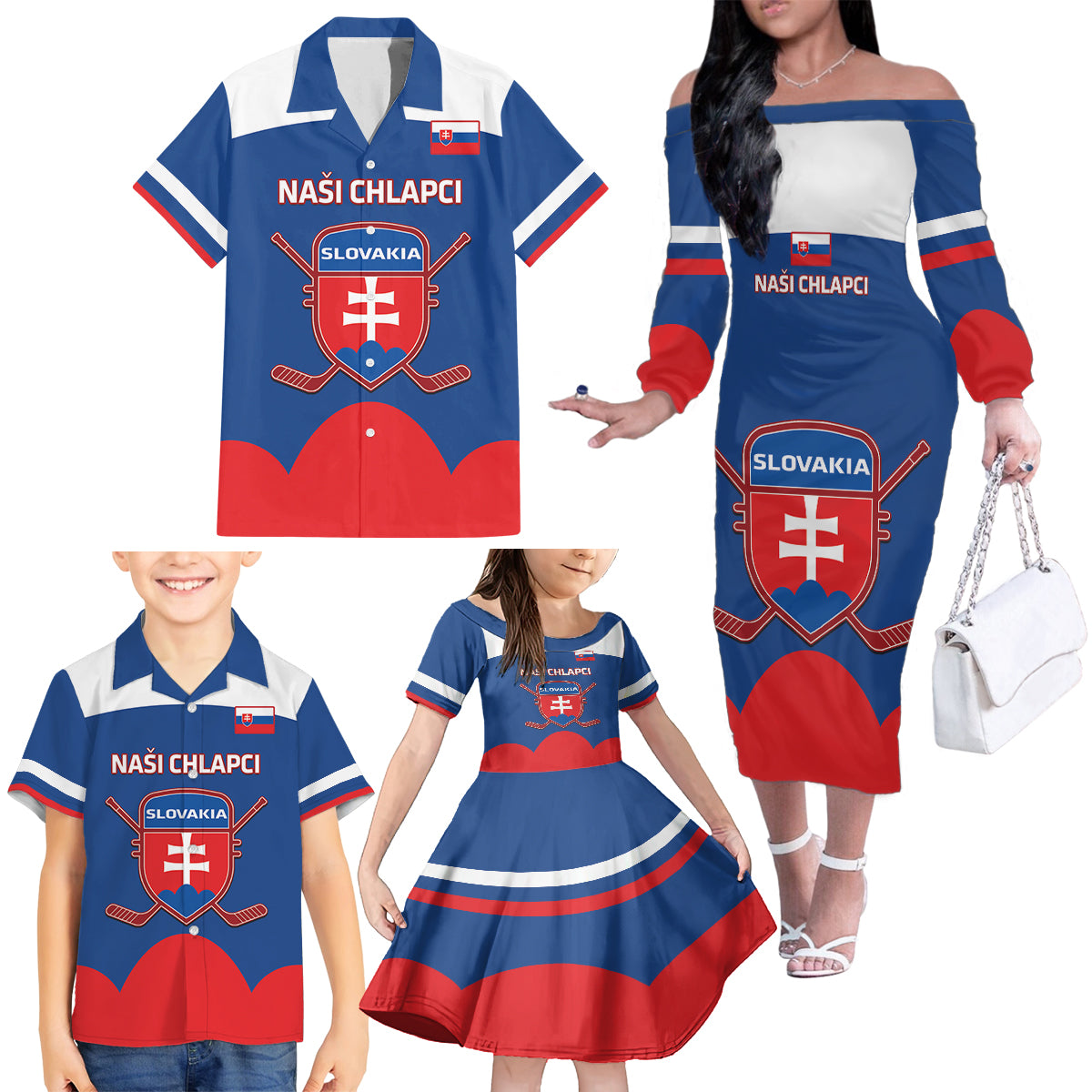 Custom Slovakia Hockey Family Matching Off The Shoulder Long Sleeve Dress and Hawaiian Shirt Go Slovak Our Boys - Wonder Print Shop