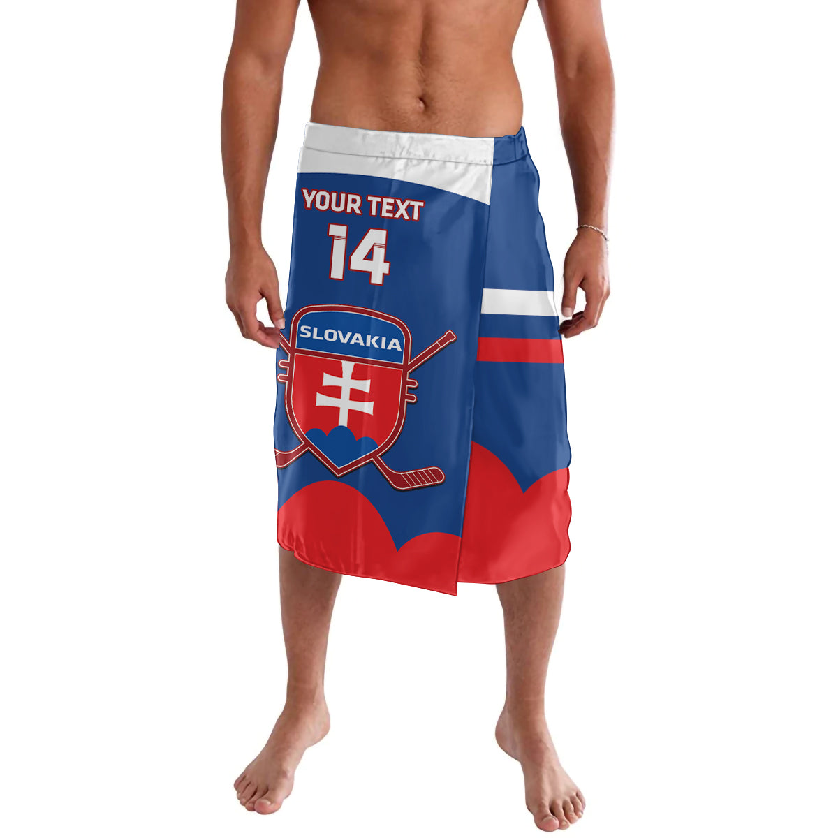 Blue hockey shorts with Slovakia logo, stick icon, and number 14 graphic