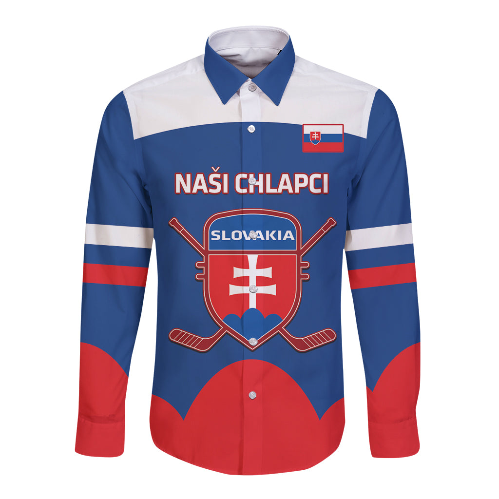 Slovakia hockey button-down shirt, long sleeves, blue/white/red with crest and front text