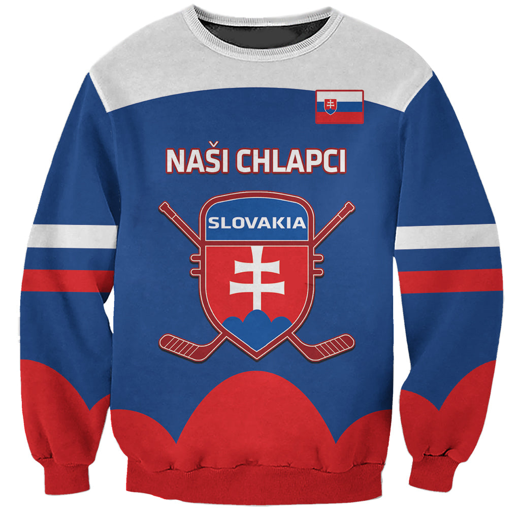 Blue, gray, red hockey sweatshirt with Slovak crest and 'NASI CHLAPCI' graphic