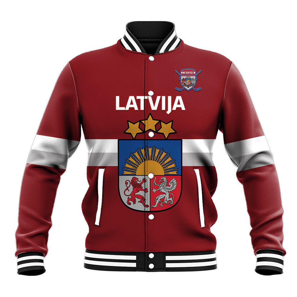 Red varsity baseball jacket with white-gray stripes, snap buttons, Latvia crest and text
