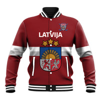 Red varsity baseball jacket with white-gray stripes, snap buttons, Latvia crest and text