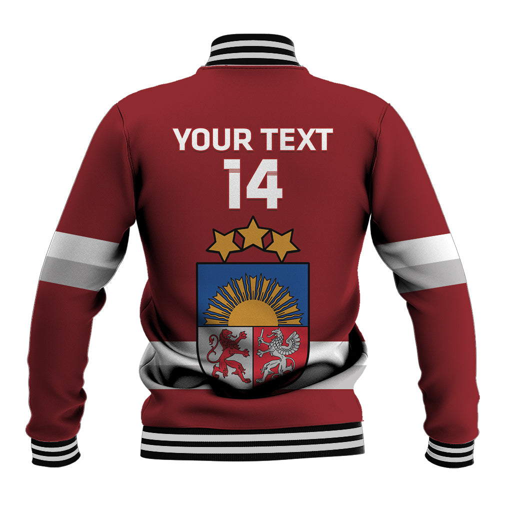 Red baseball jacket with striped ribbed collar, back print YOUR TEXT 14 and Latvia crest