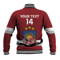 Red baseball jacket with striped ribbed collar, back print YOUR TEXT 14 and Latvia crest