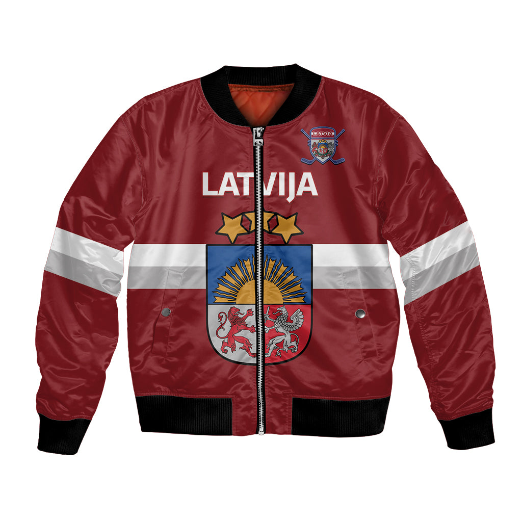 Red Latvia hockey bomber jacket with white stripe sleeves, crest on front, zip front