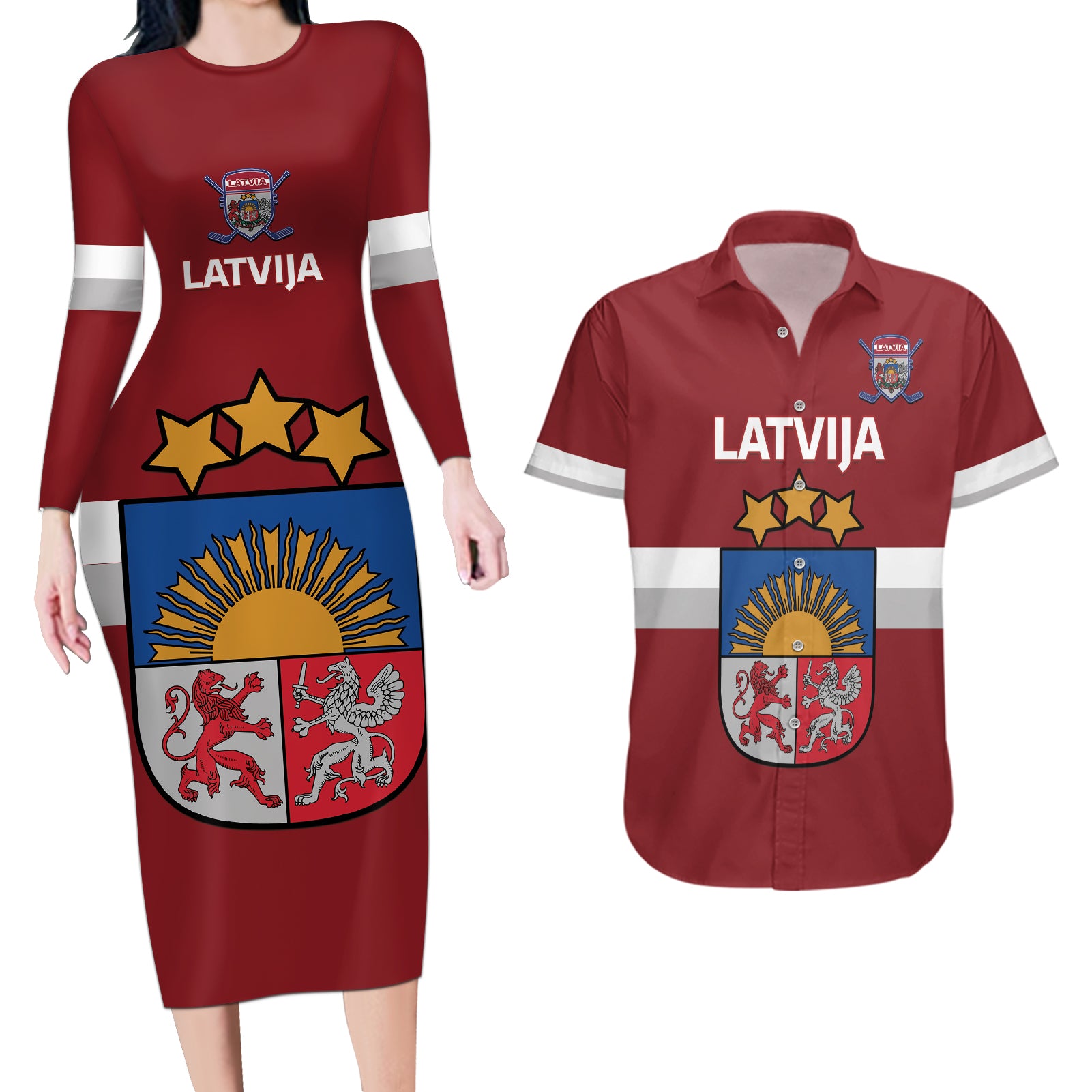 Custom Latvia Hockey Couples Matching Long Sleeve Bodycon Dress and Hawaiian Shirt 2024 Go Latvija - Wonder Print Shop