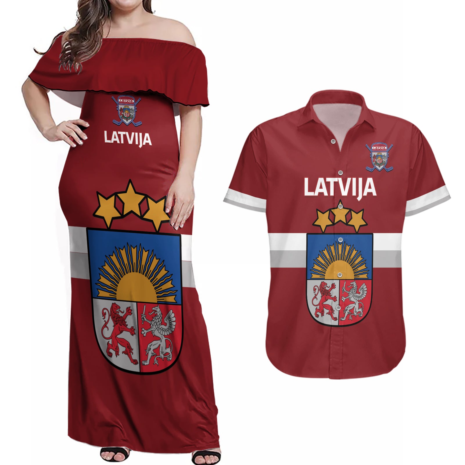 Custom Latvia Hockey Couples Matching Off Shoulder Maxi Dress and Hawaiian Shirt 2024 Go Latvija - Wonder Print Shop