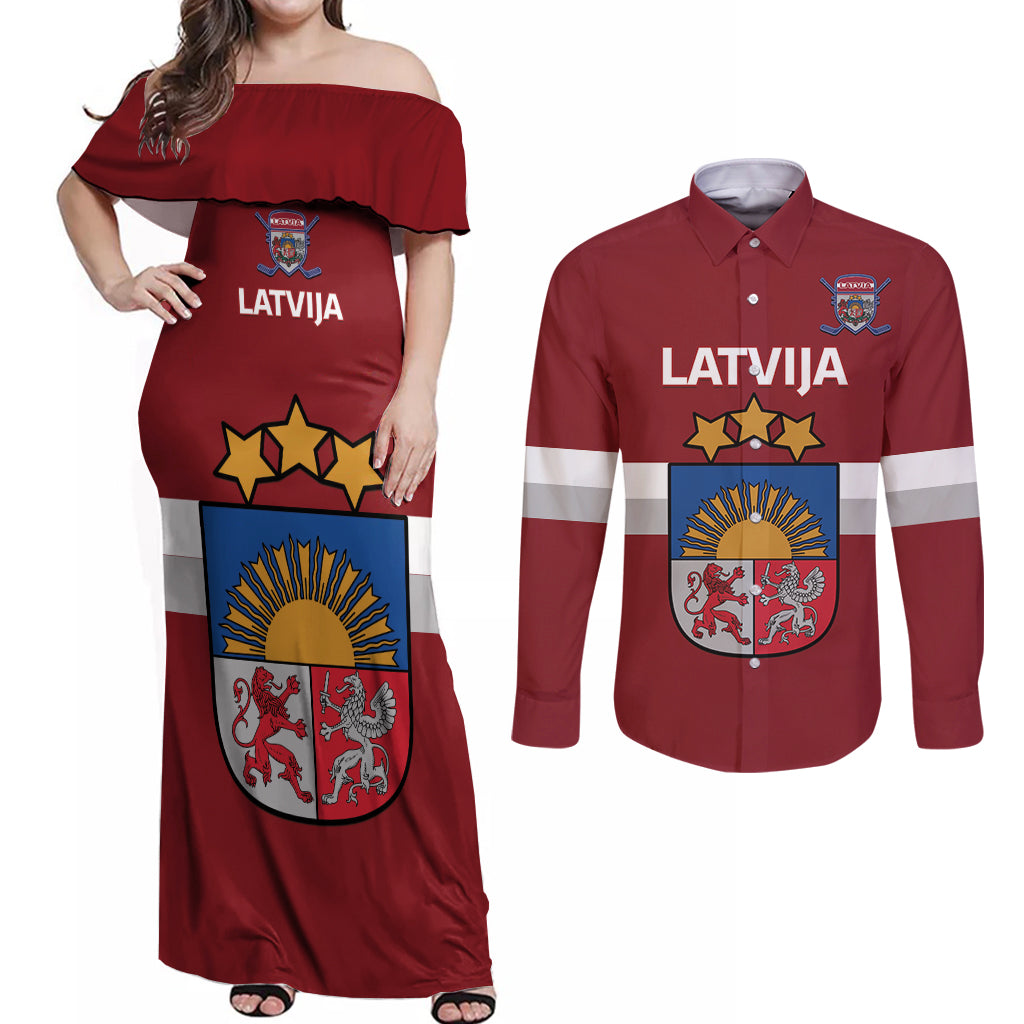 Custom Latvia Hockey Couples Matching Off Shoulder Maxi Dress and Long Sleeve Button Shirt 2024 Go Latvija - Wonder Print Shop