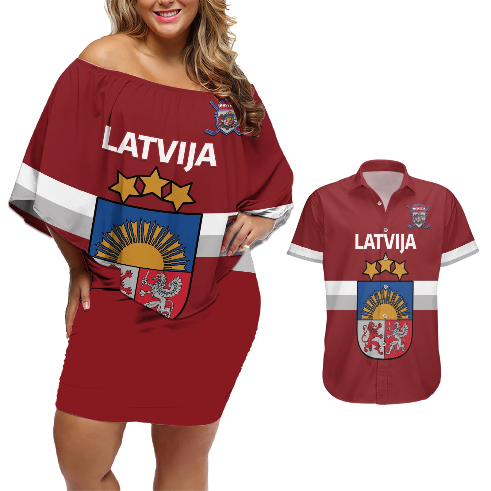 Custom Latvia Hockey Couples Matching Off Shoulder Short Dress and Hawaiian Shirt 2024 Go Latvija - Wonder Print Shop