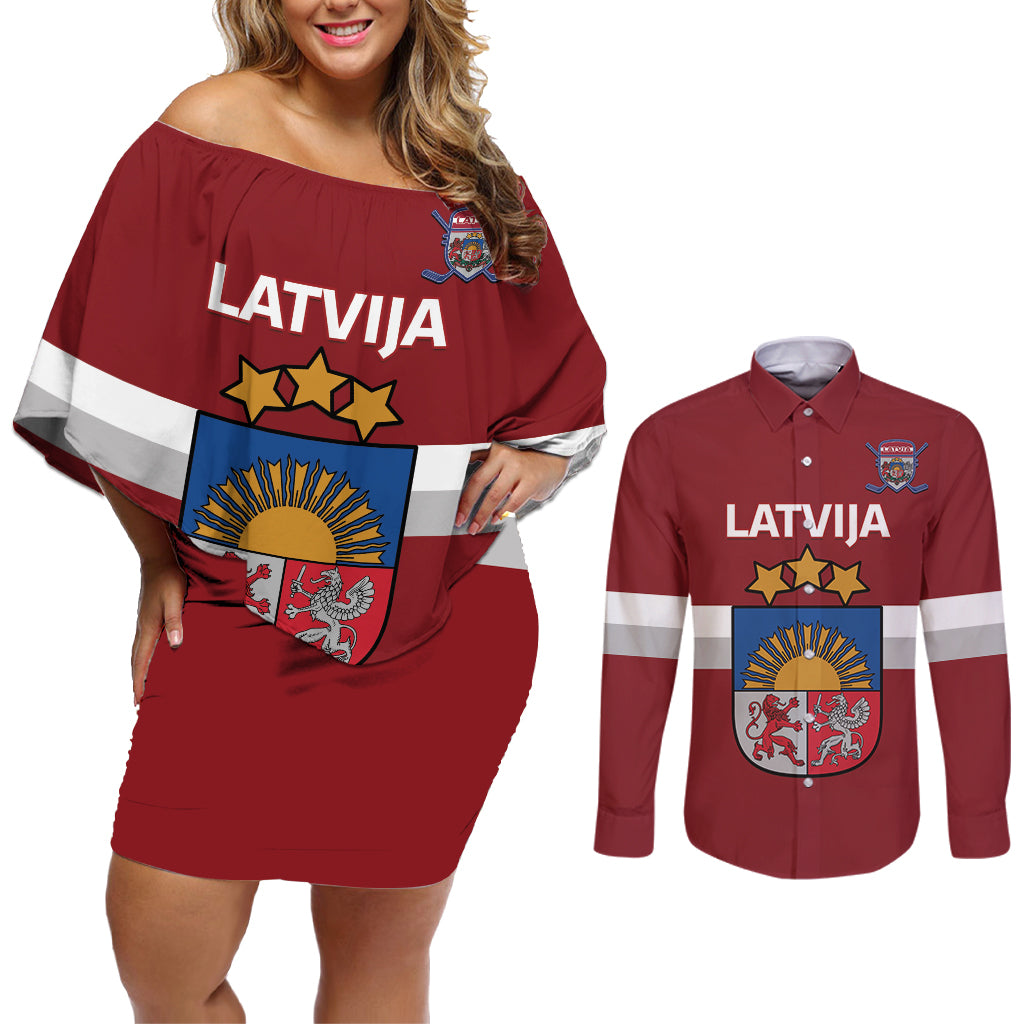 Custom Latvia Hockey Couples Matching Off Shoulder Short Dress and Long Sleeve Button Shirt 2024 Go Latvija - Wonder Print Shop