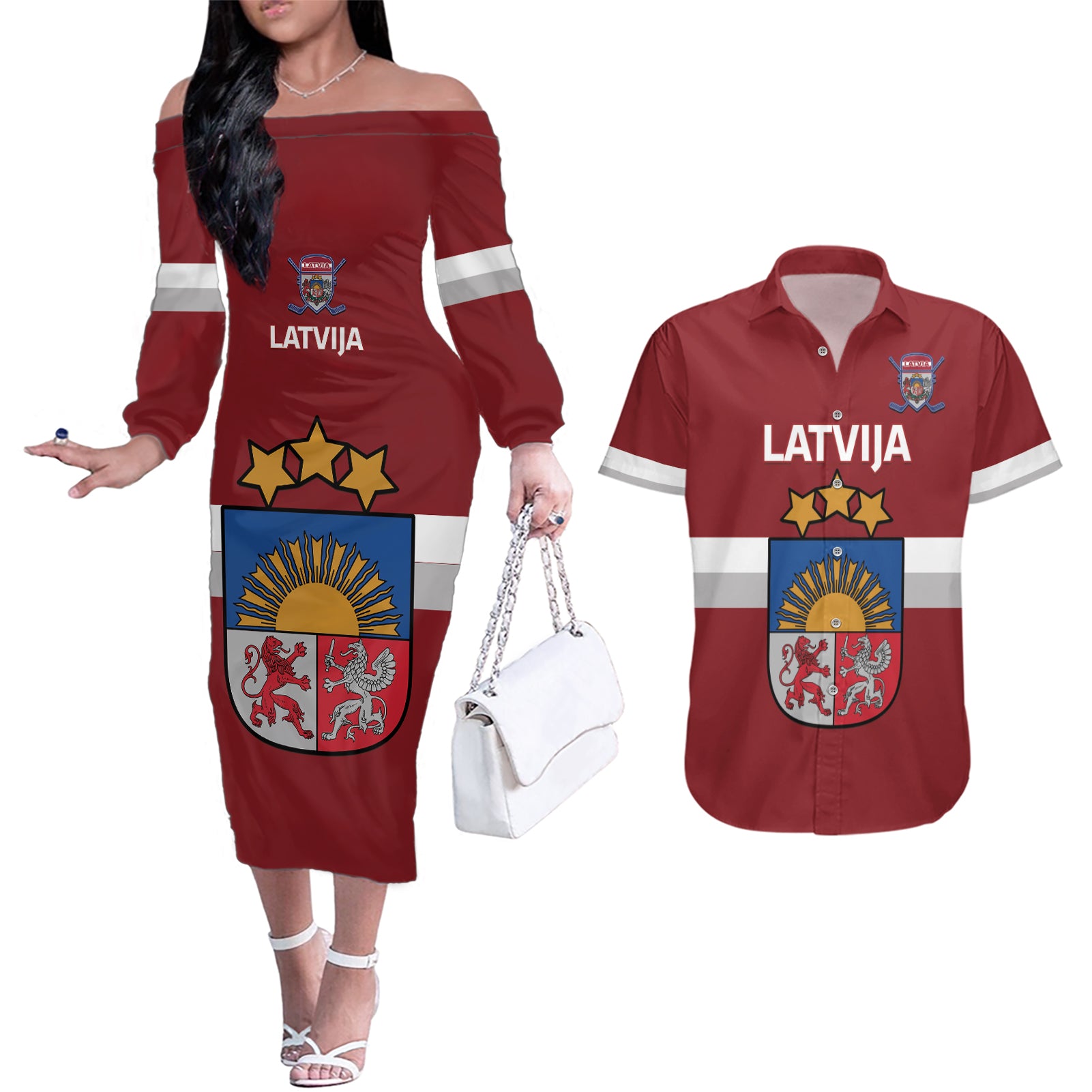 Custom Latvia Hockey Couples Matching Off The Shoulder Long Sleeve Dress and Hawaiian Shirt 2024 Go Latvija - Wonder Print Shop