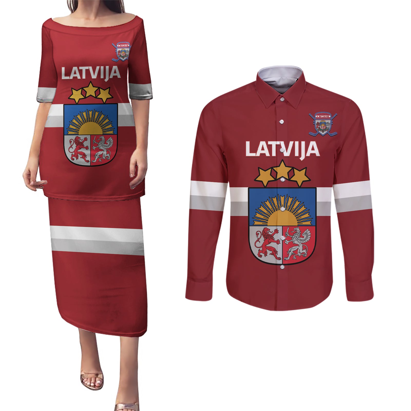 Custom Latvia Hockey Couples Matching Puletasi and Long Sleeve Button Shirt 2024 Go Latvija - Wonder Print Shop