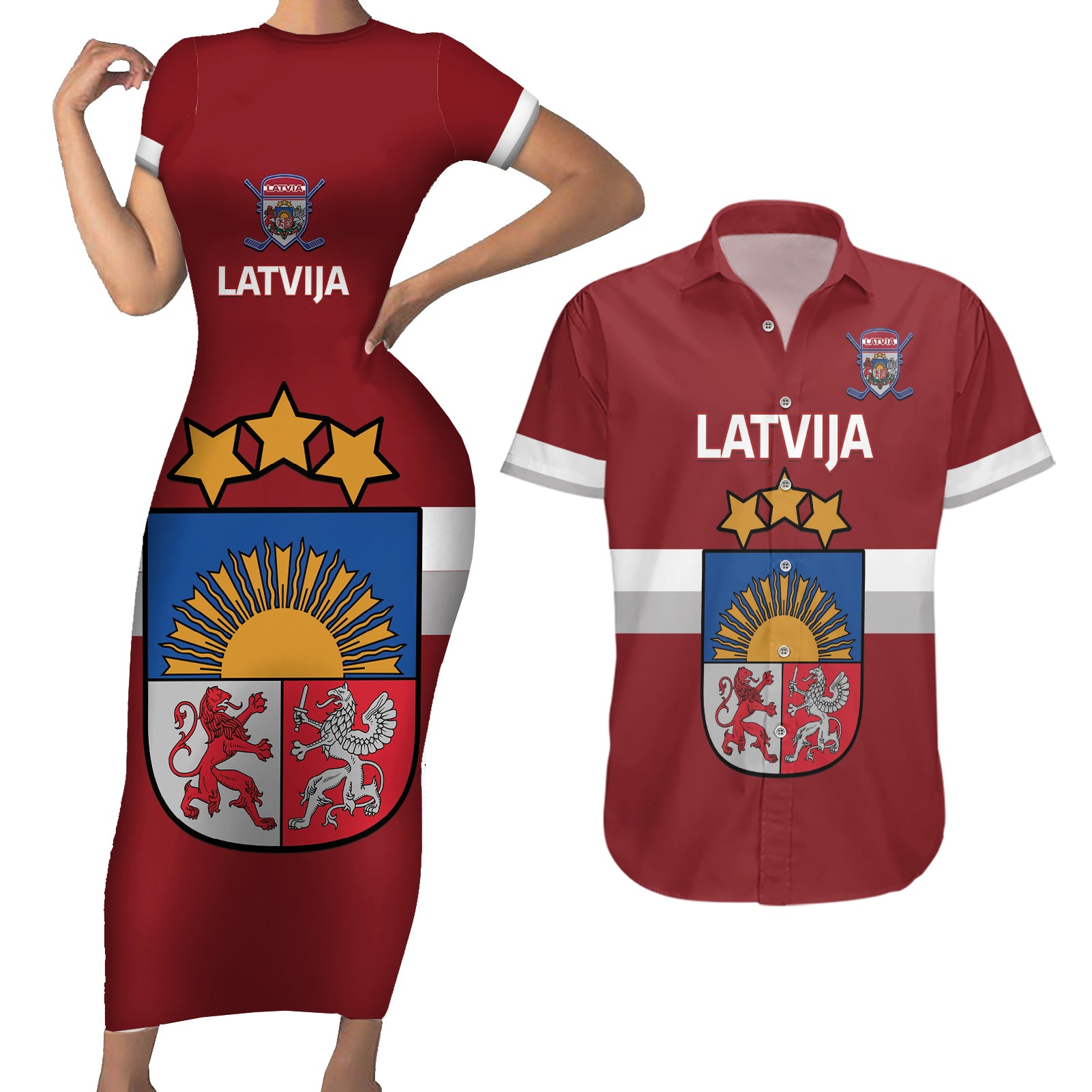 Custom Latvia Hockey Couples Matching Short Sleeve Bodycon Dress and Hawaiian Shirt 2024 Go Latvija - Wonder Print Shop