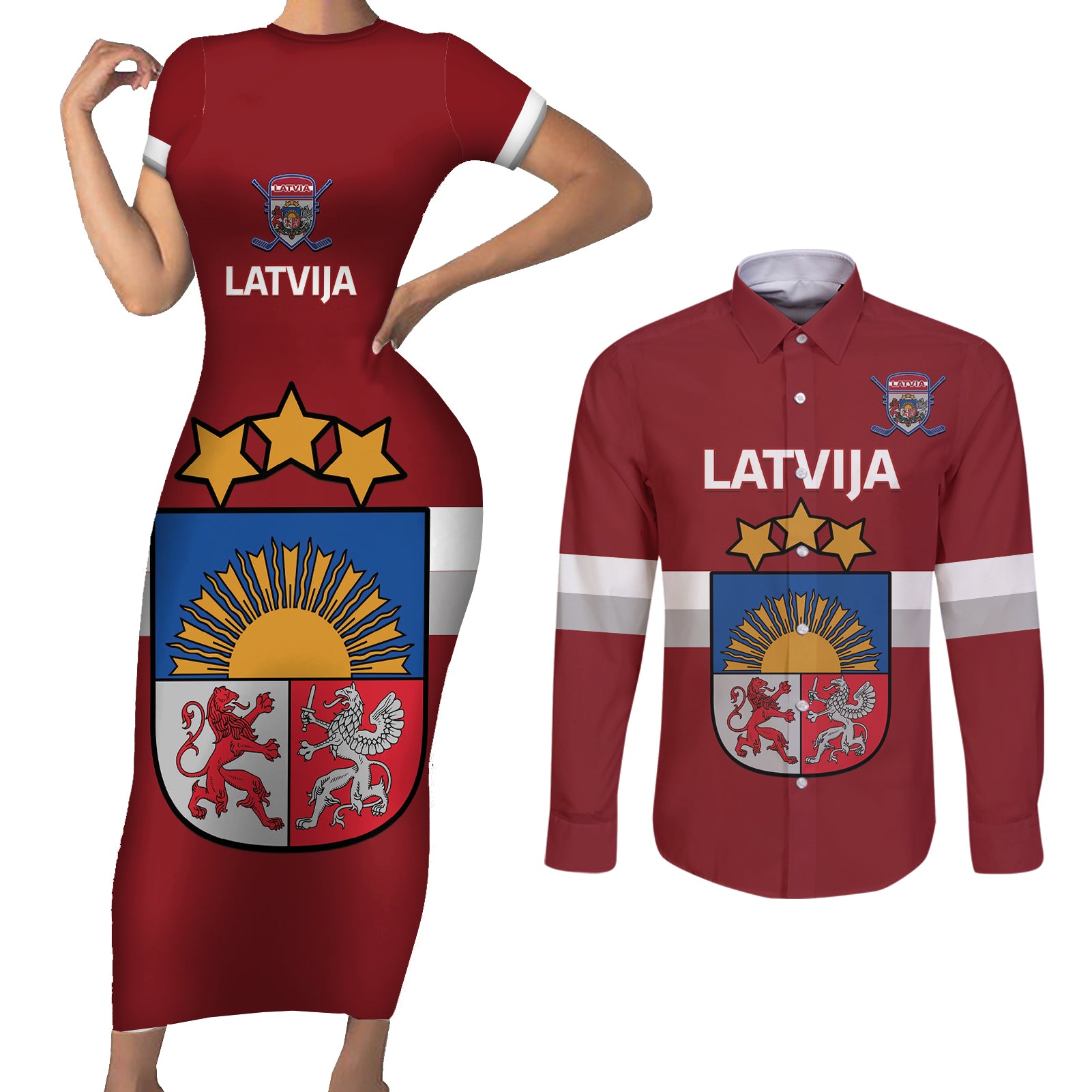 Custom Latvia Hockey Couples Matching Short Sleeve Bodycon Dress and Long Sleeve Button Shirt 2024 Go Latvija - Wonder Print Shop