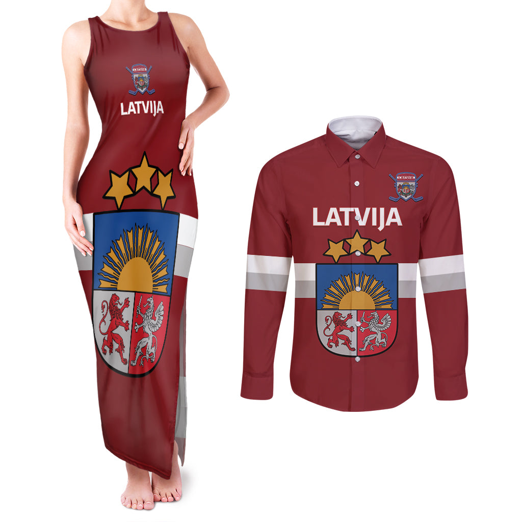 Custom Latvia Hockey Couples Matching Tank Maxi Dress and Long Sleeve Button Shirt 2024 Go Latvija - Wonder Print Shop