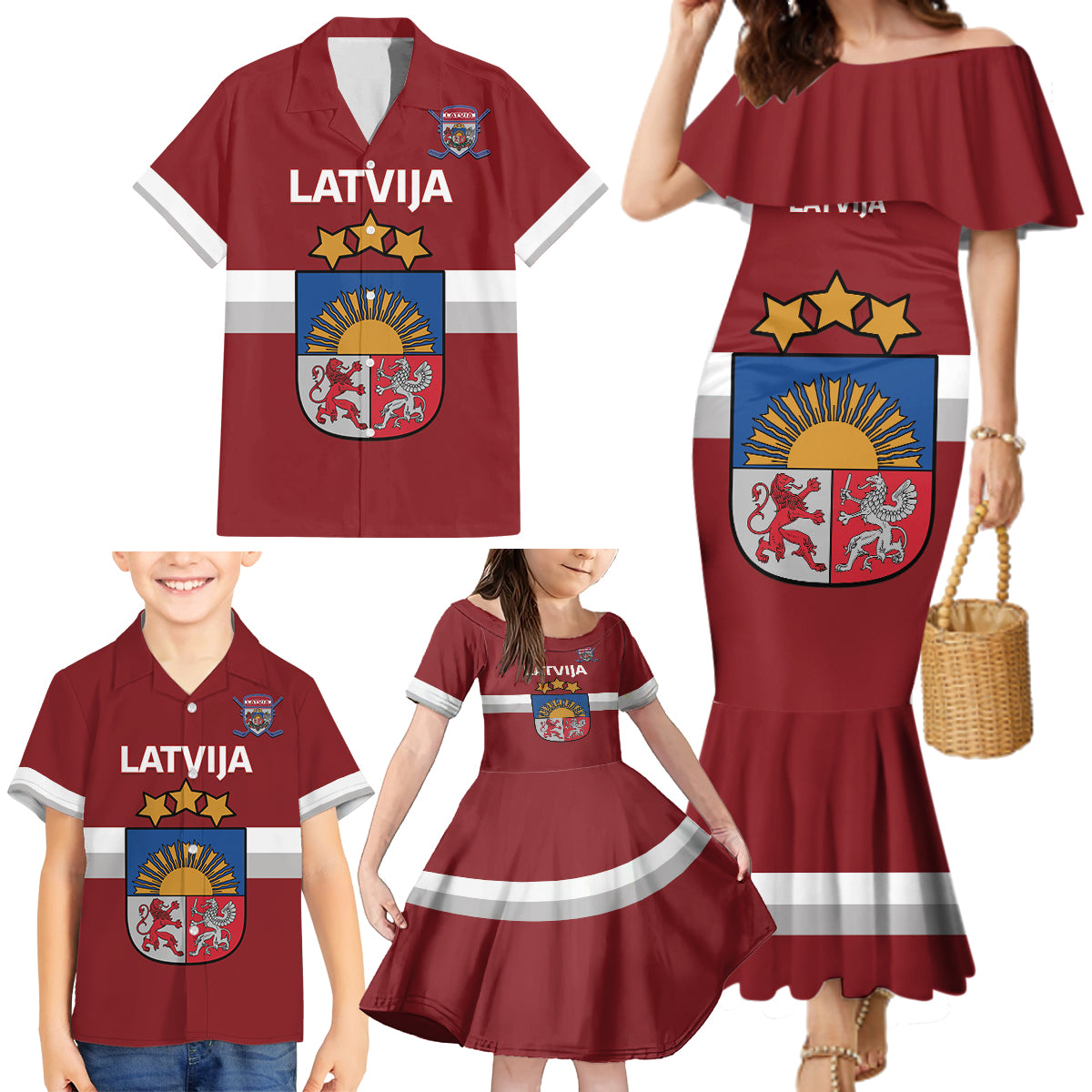 Custom Latvia Hockey Family Matching Mermaid Dress and Hawaiian Shirt 2024 Go Latvija - Wonder Print Shop