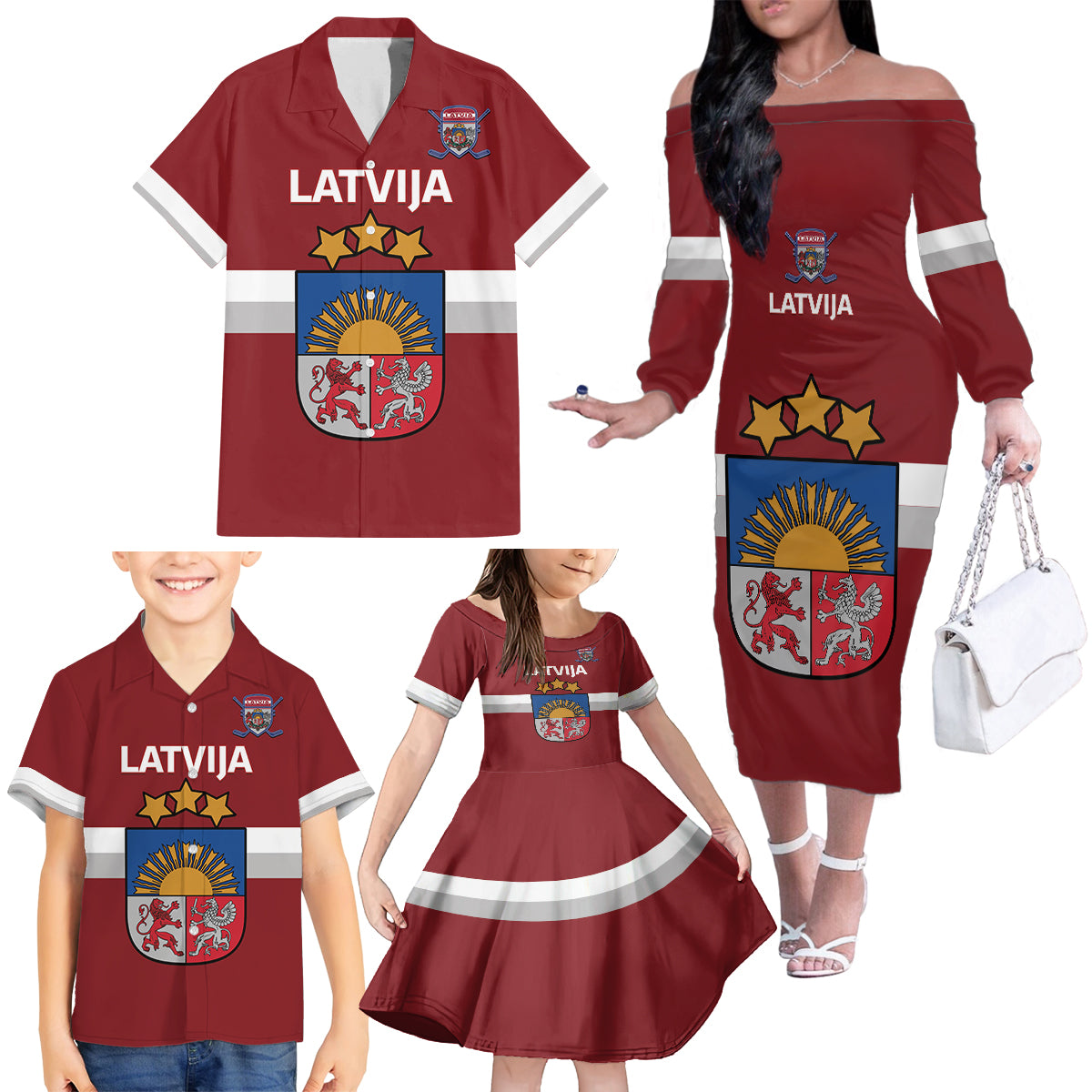 Custom Latvia Hockey Family Matching Off The Shoulder Long Sleeve Dress and Hawaiian Shirt 2024 Go Latvija - Wonder Print Shop