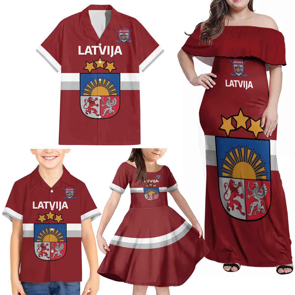 Custom Latvia Hockey Family Matching Off Shoulder Maxi Dress and Hawaiian Shirt 2024 Go Latvija - Wonder Print Shop