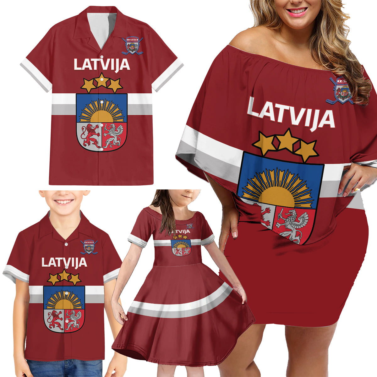 Custom Latvia Hockey Family Matching Off Shoulder Short Dress and Hawaiian Shirt 2024 Go Latvija - Wonder Print Shop